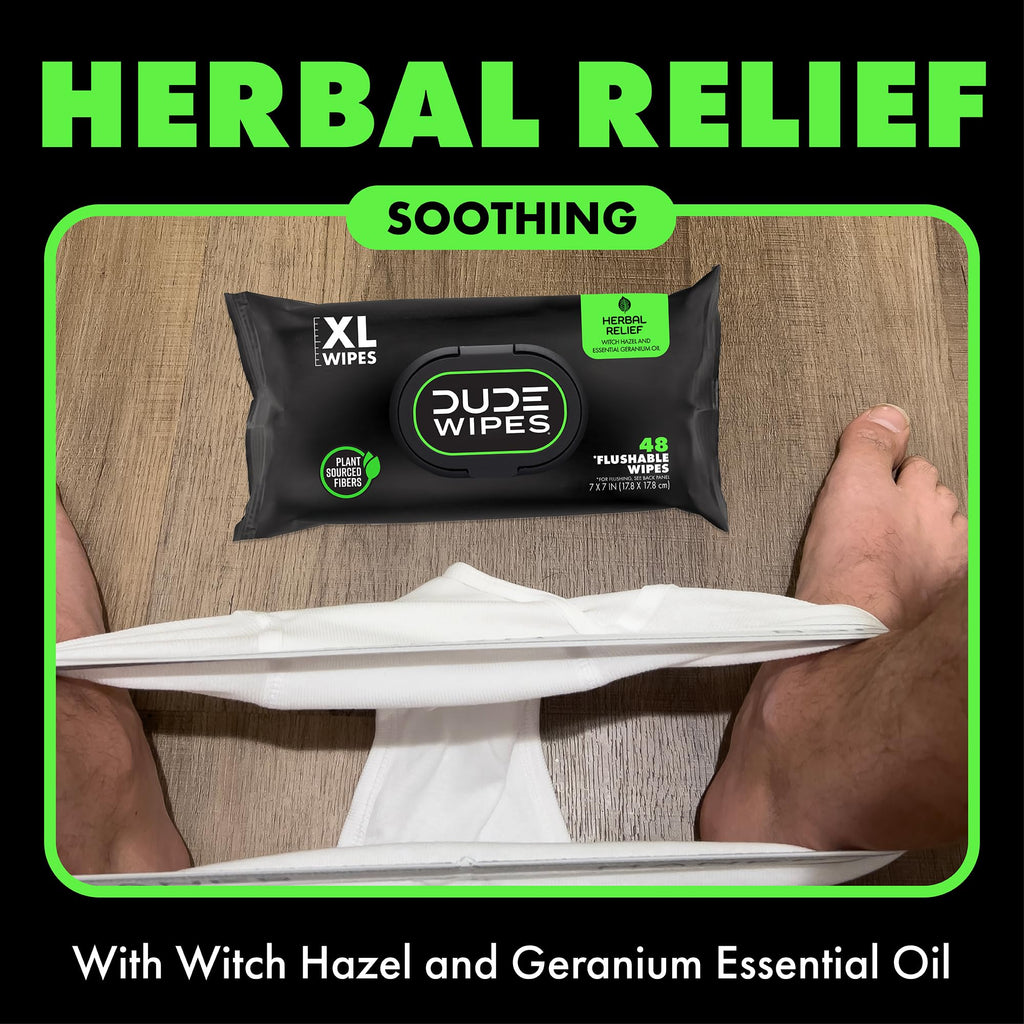 DUDE Wipes Herbal Relief Flushable Wipes - Extra-Large Adult Wet Wipes - 12 Pack (144 Count) - Infused with Soothing Witch Hazel, Geranium Essential Oils, Vitamin E, and Aloe - Septic and Sewer Safe
