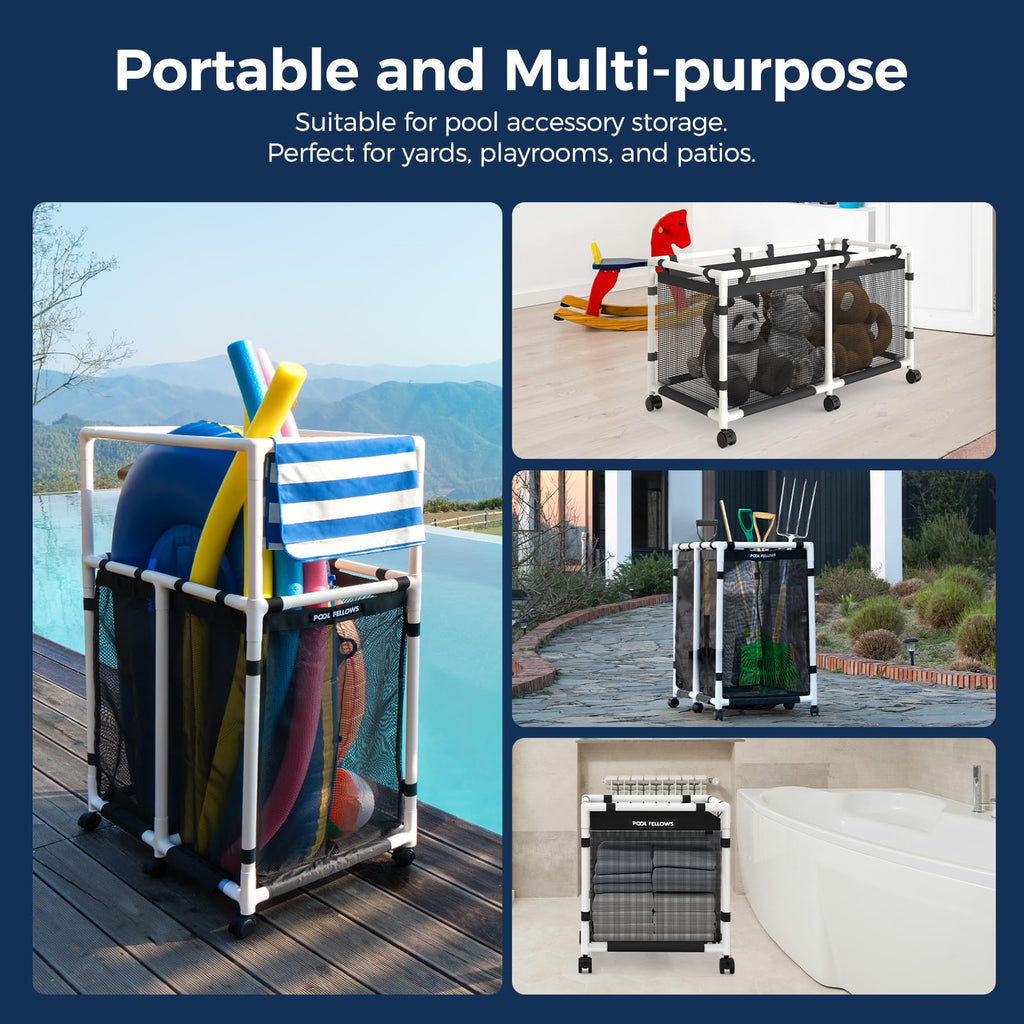 POOL FELLOWS Pool Storage Bin, 45 Gallons, Holder for Noodles, Toys, Floats, Towels, Mesh Organizer for Swimming Equipments, Mini Style