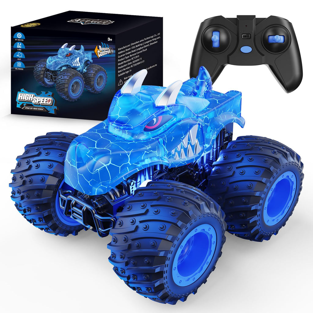 AUUGUU Remote Control Car, 2.4GHz Monster Trucks Toys with Light Spray, Birthday Gift for Kids 3 4 5 6 7 8, All Terrain RC Cars, Toys for Boys Girls 3+ Year Old