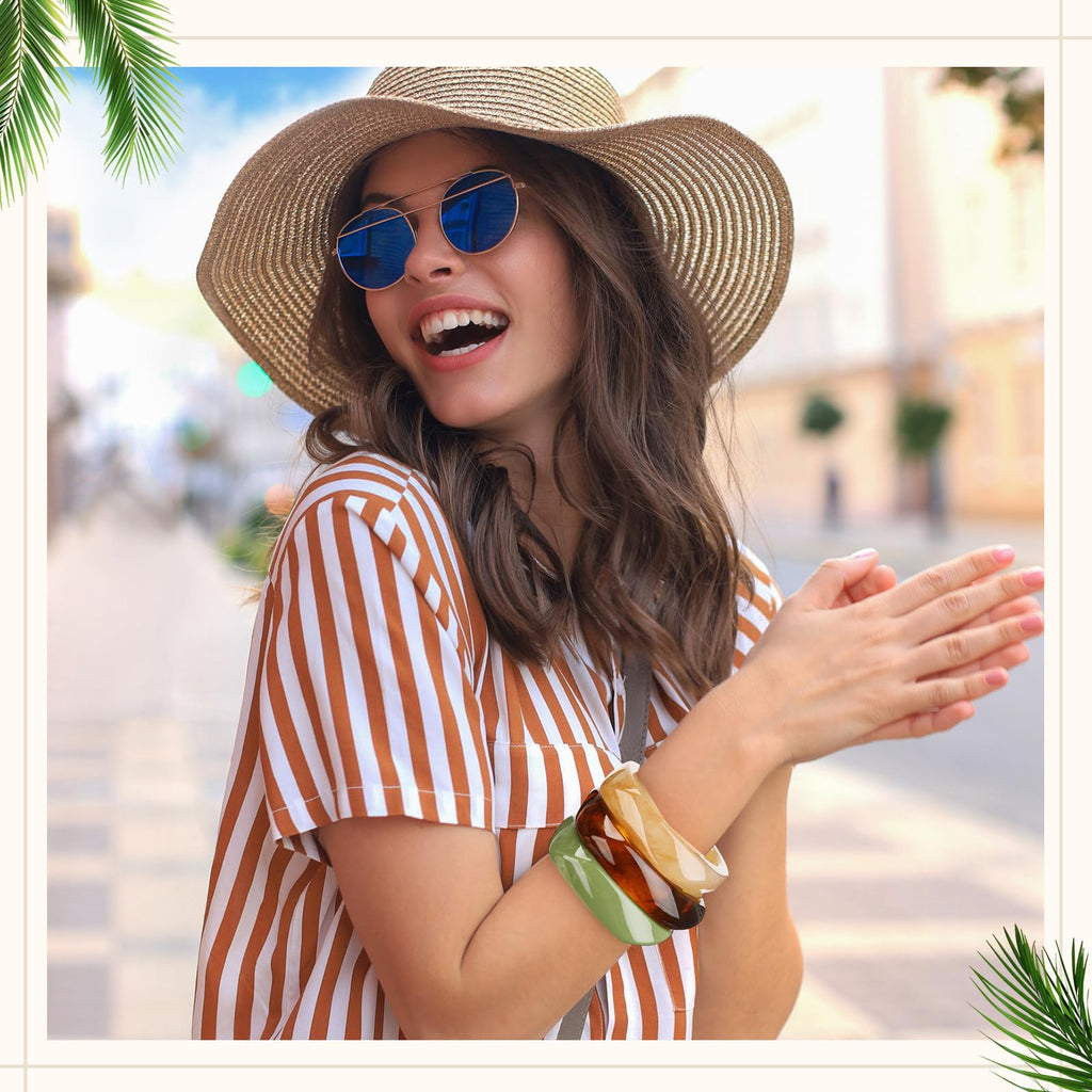 Landical 3 Pcs Colorful Square Acrylic Resin Bangle Bracelet Wide Geometric Irregular Wristbands Women(Amber, Light Khaki, Green)
