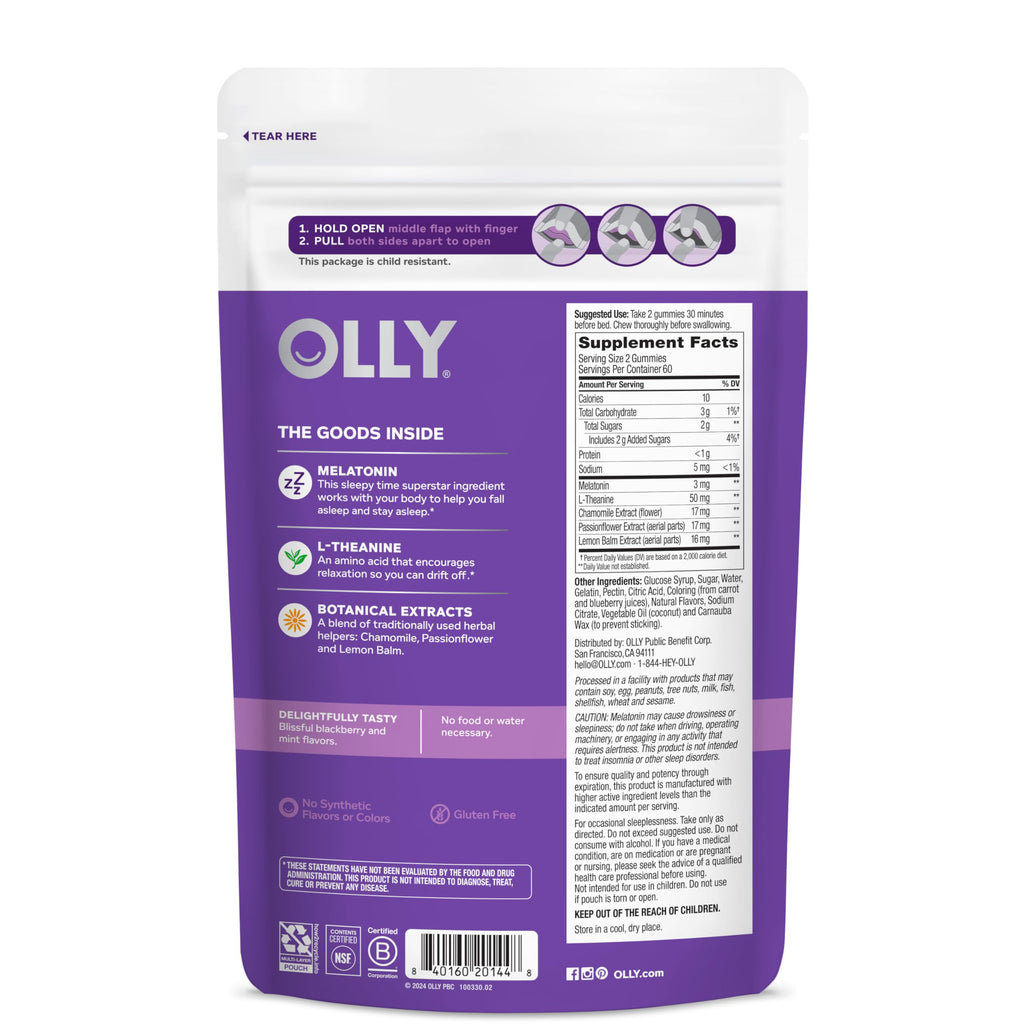 OLLY Sleep Gummy, 3 mg Melatonin, L-Theanine, Chamomile, and Lemon Balm Extracts, BlackBerry Flavor, 60 Day Supply - 120 Count