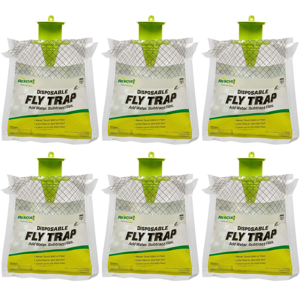 Rescue! Outdoor Disposable Fly Trap – Hanging Fly Catcher with Attractant Bait, Fly Bag for Patio, Yard, Trash & Farm Areas – Easy-to-Use Outdoor Fly Control - 6 Traps