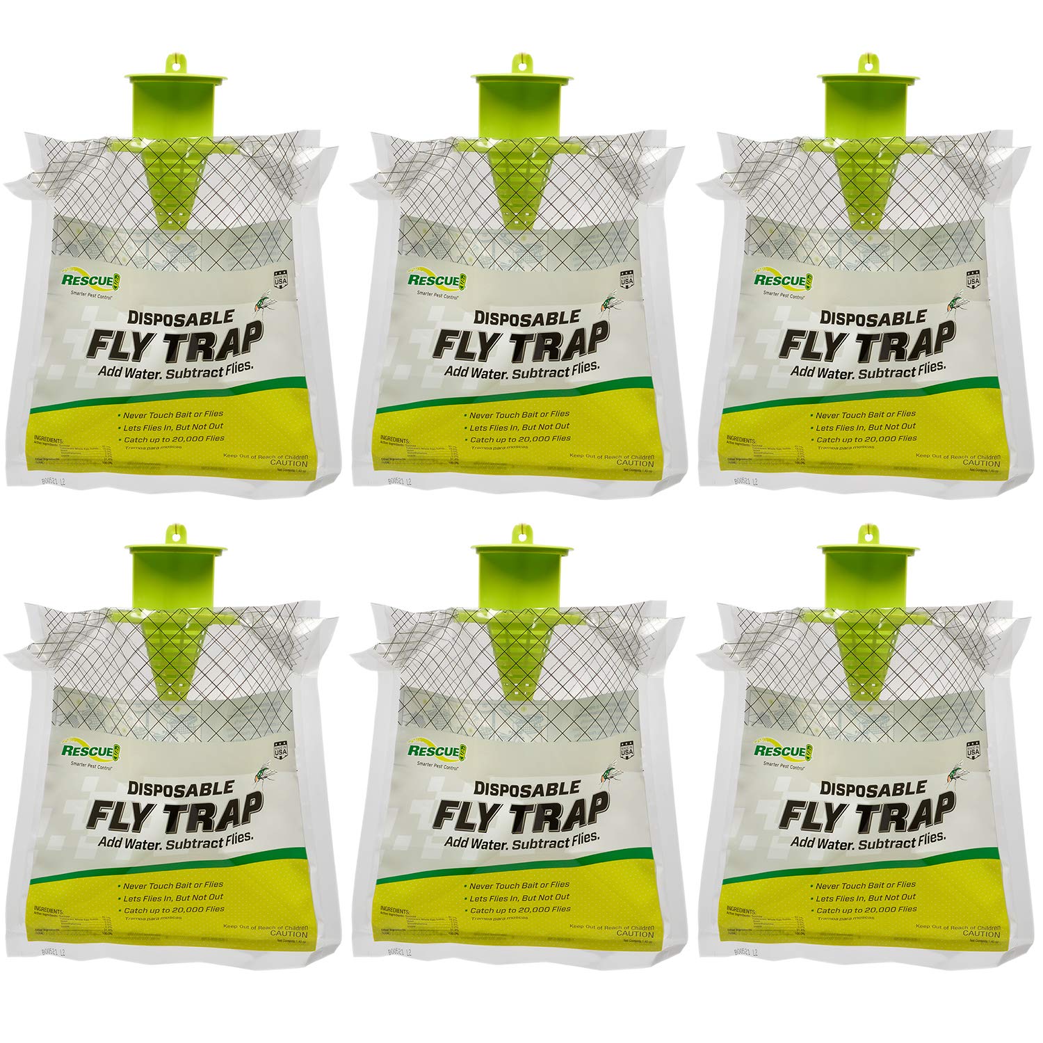 Rescue! Outdoor Disposable Fly Trap – Hanging Fly Catcher with Attractant Bait, Fly Bag for Patio, Yard, Trash & Farm Areas – Easy-to-Use Outdoor Fly Control - 6 Traps