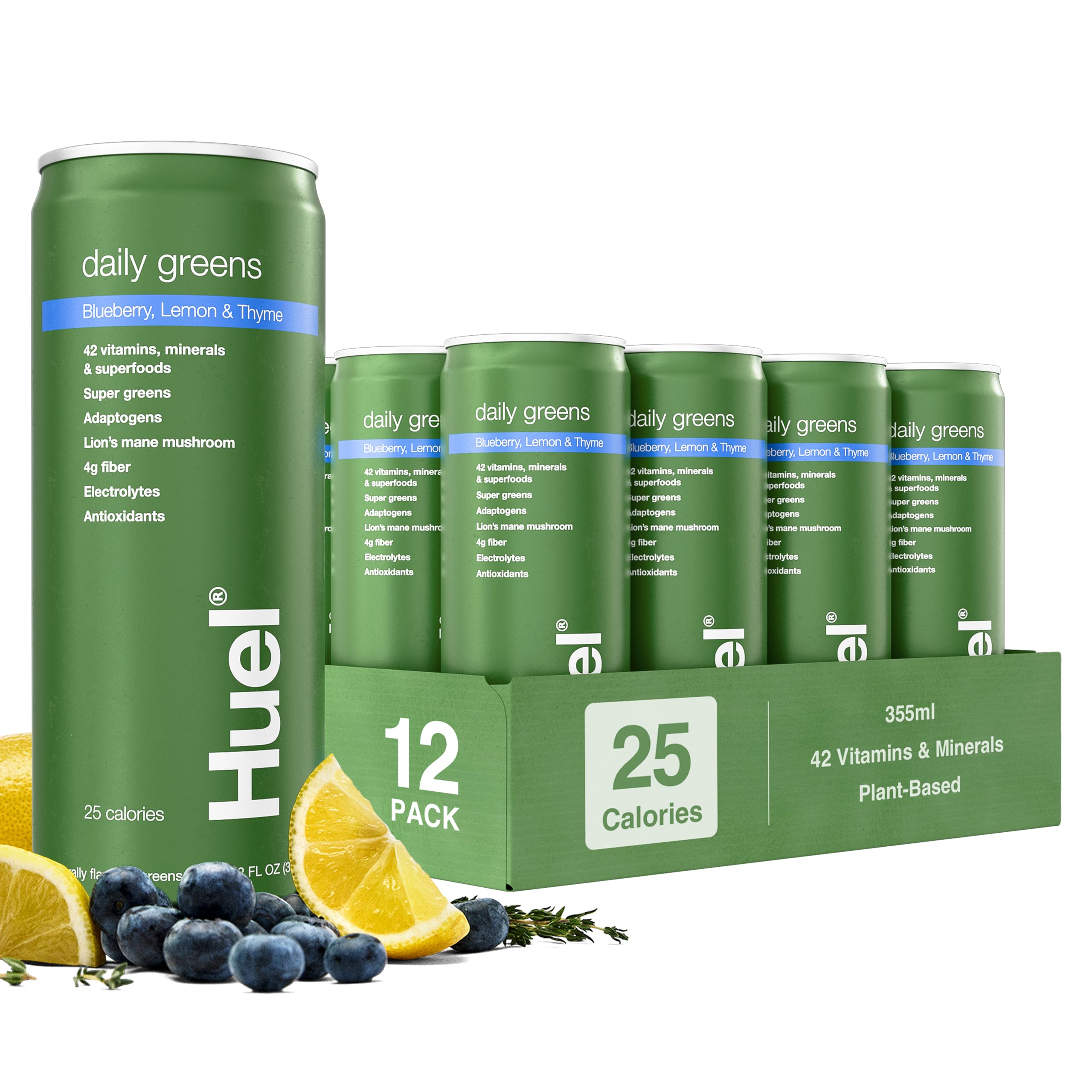 Huel Daily Greens Ready-to-Drink | Blueberry Lemon Thyme Superfood Greens | 42 Vitamins, Minerals, and Wholefood-Sourced Ingredients| Adaptogens, Antioxidants, Gut-Friendly Probiotics| 12 Fl Oz, 12 Pk