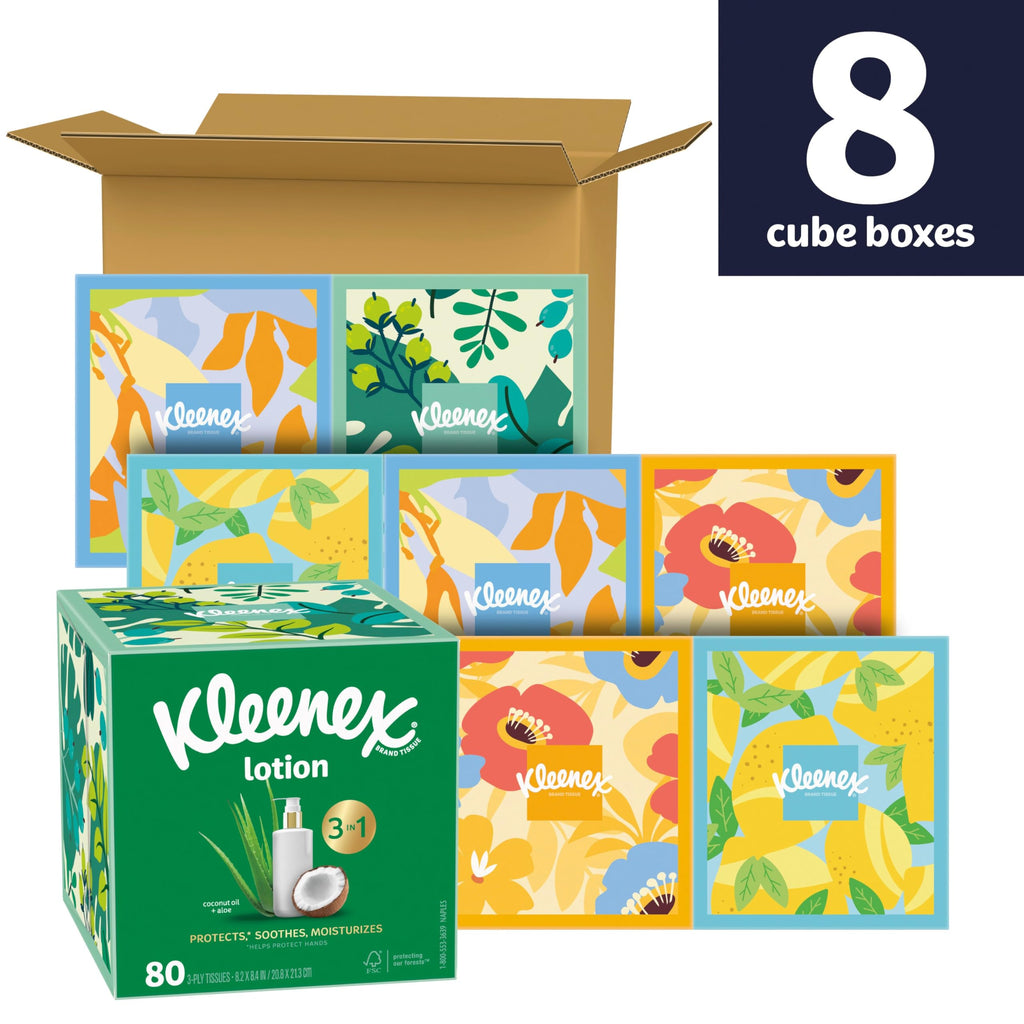 Kleenex Lotion Facial Tissues with Coconut Oil,Cube Boxes,80 Tissues Per Box,3-Ply,(Pack of 16)