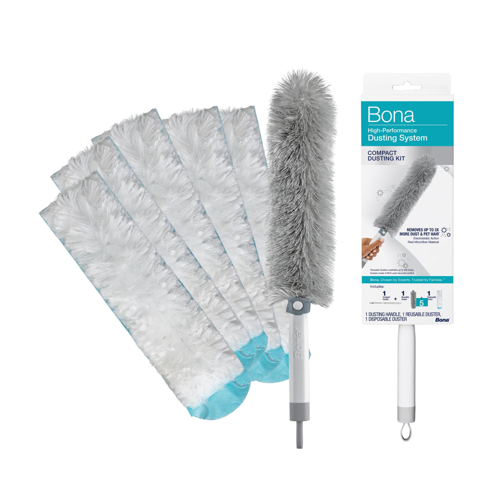 Bona High Performance Dusting System - 1 Compact Handle, 5 Disposable Dusters, & 1 Reusable Duster - Compact Dusting Kit Removes Dust & Pet Hair