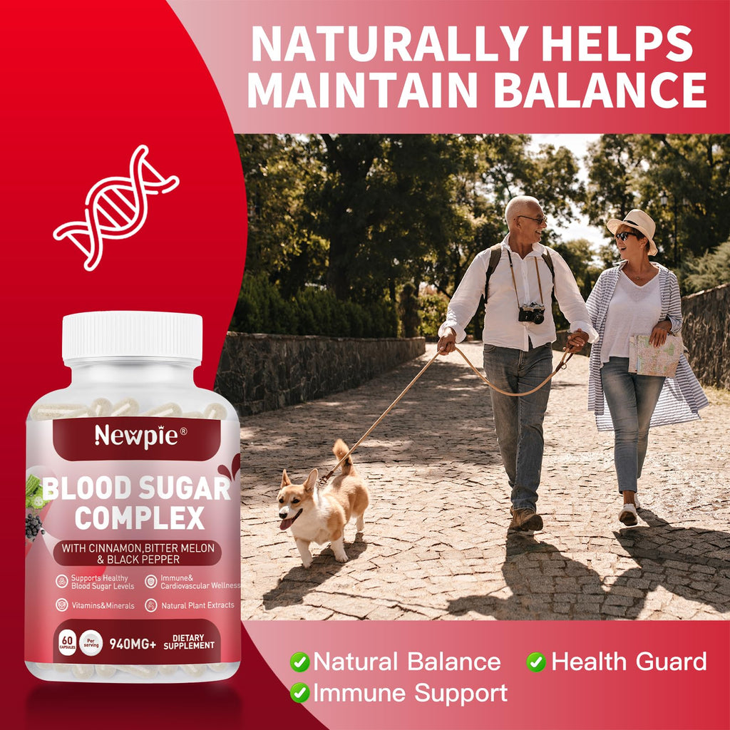 Blood Sugar Complex Supplement – Natural with 20 Active Herbs and Vitamins, Including Cinnamon, Bitter Melon, Black Pepper, Licorice, Vegan, Non-GMO, Gluten-Free, 120 Capsules