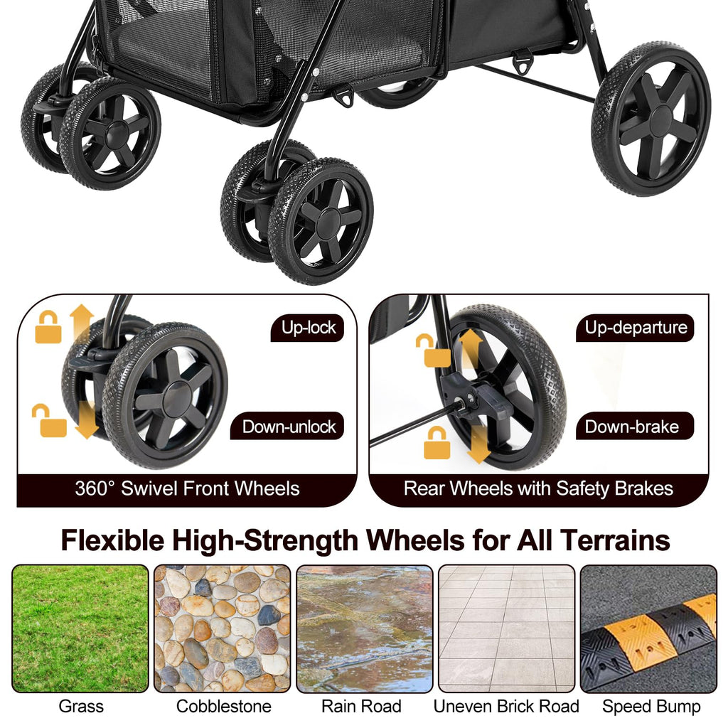 LPOTIUS Double Pet Stroller for Dogs and Cats with 2 Detachable Carrier, Quick-Folding Dog Stroller for Medium Small Dogs Cats, 4 Wheels, Black