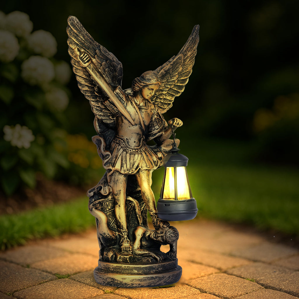 Solar San Miguel Arcangel Outdoor Garden Decor Statues 12.4" Solar St Michael the Archangel Satue for Yard Patio Lawn Porch Decorations Resin St Michael Figurine Religious Collection Sculptures Gifts