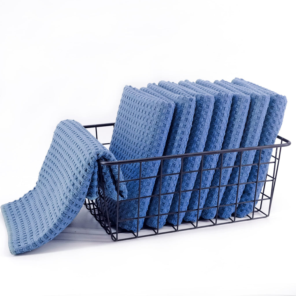 POLYTE Ultra Premium Microfiber Kitchen Dish Hand Towel Waffle Weave, 8 Pack (16x28 in, Blue)