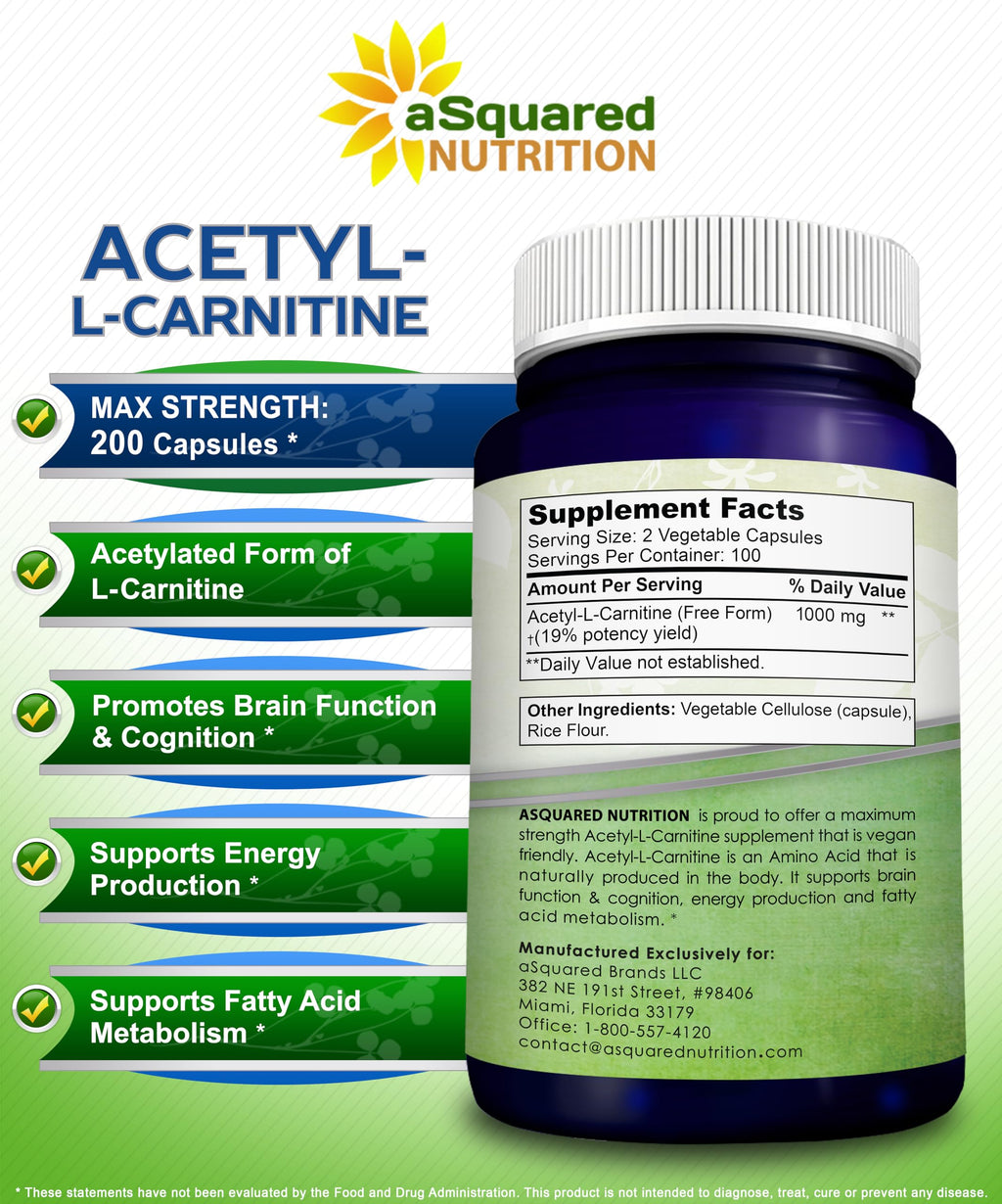 aSquared Nutrition Acetyl L-Carnitine 1000mg Per Serving Max Strength - 200 Veggie Capsules - High Dosage Acetyl L Carnitine HCL (ALCAR) Supplement Pills to Support Pure Energy, Brain Function