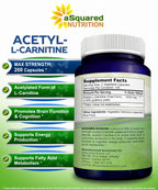 aSquared Nutrition Acetyl L-Carnitine 1000mg Per Serving Max Strength - 200 Veggie Capsules - High Dosage Acetyl L Carnitine HCL (ALCAR) Supplement Pills to Support Pure Energy, Brain Function