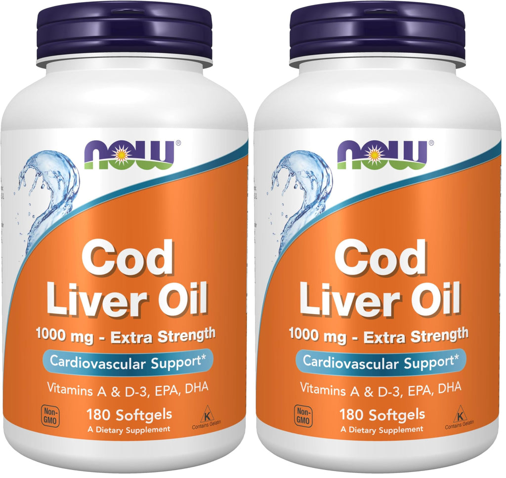 NOW Foods Supplements,Cod Liver Oil,Extra Strength 1,000 mg with Vitamins A & D-3,EPA,DHA,180 Softgels,(Pack of 2)