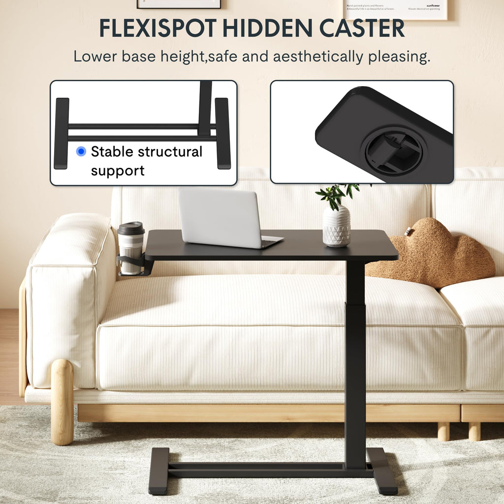 FLEXISPOT H7 Adjustable Overbed Bedside Table with Wheels Pneumatic Mobile Standing Desk Laptop Desk Rolling Computer Cart Movable Overbed Table Hospital Home Use(31.5" W x 17.7" D, Black Large)