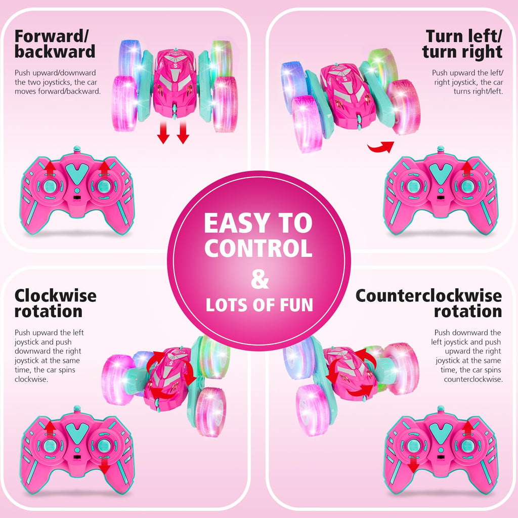 Amicool Remote Control Car for Girls 3-12 with Flashing Light, Toys 4 5 6 7 8 9 Years Old Girl Birthday Gifts Idea, RC Cars Stunt 4WD 2.4Ghz Double Sided 360° Flip, Present for Kids, Christmas, Pink