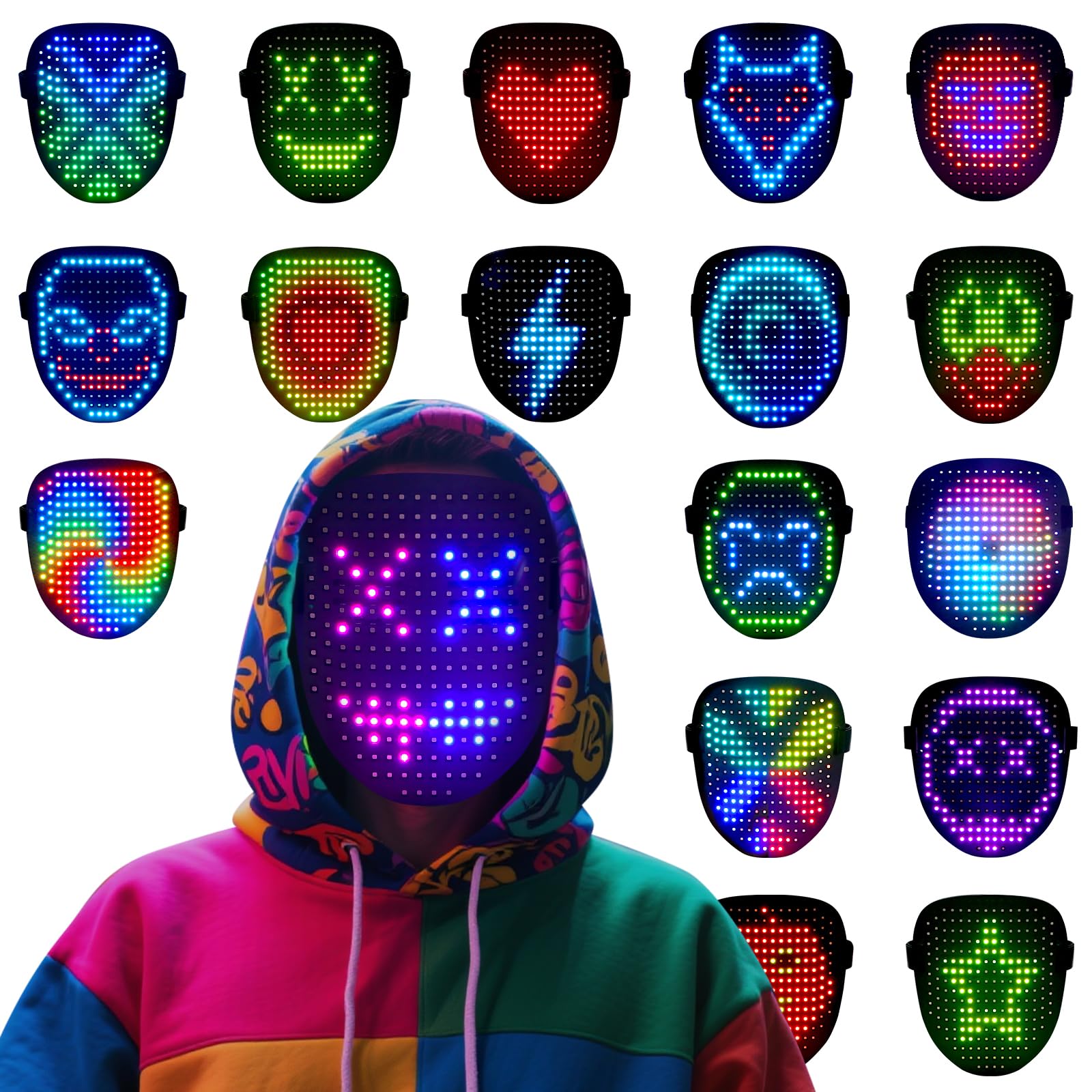 arscniek LED Face Mask with Gesture Control – Rechargeable Light Up Halloween Masks Costume for Adults & Kids, Glowing Transformable Cosplay Mask for Parties, Christmas, Concerts