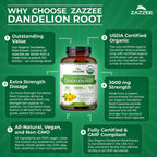 Zazzee USDA Organic Dandelion Root 10:1 Extract, 3000 mg Strength, 60 Capsules, 2 Month Supply, Standardized and Concentrated 10X Extract, 100% Vegetarian, All-Natural and Non-GMO