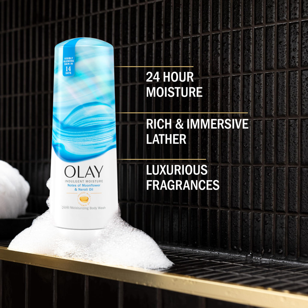 Olay Body Wash for Women, Indulgent Moisture, 24hr Moisturizing & Nourishing Formula, Infused with Vitamin B3 Complex, Luxurious Fragrances, Moonflower & Neroli Oil Scent, 20 fl oz
