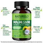 NATURELO Magnesium Glycinate Chelate Complex - 200 mg Magnesium with Organic Vegetables to Support Sleep, Calm, Muscle Cramp & Stress Relief - Gluten Free, Non GMO - 240 Capsules