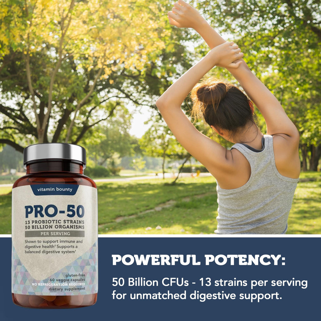 Vitamin Bounty Pro-50 Probiotic 50 Billion CFU - 13 Strain Supplement for Men & Women + Prebiotics - Digestive Health & Gut Support - Lactobacillus & Bifidobacterium - Delayed Release Capsules, 2 Pack