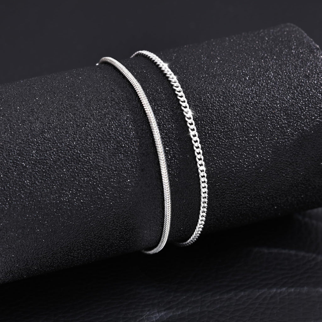 Silver Bracelets for Men, Stackable Fashion Cuban Snake Chain Set, 7 Inch