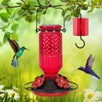FEED GARDEN Glass Hummingbird Feeder for Outdoors Hanging, 16 OZ Humming Birds Feeders with 4 Bee Guard Feeding Ports & Built-in Ant Moat, Bird Feeder for Outside, Gifts for Women Mom, Red