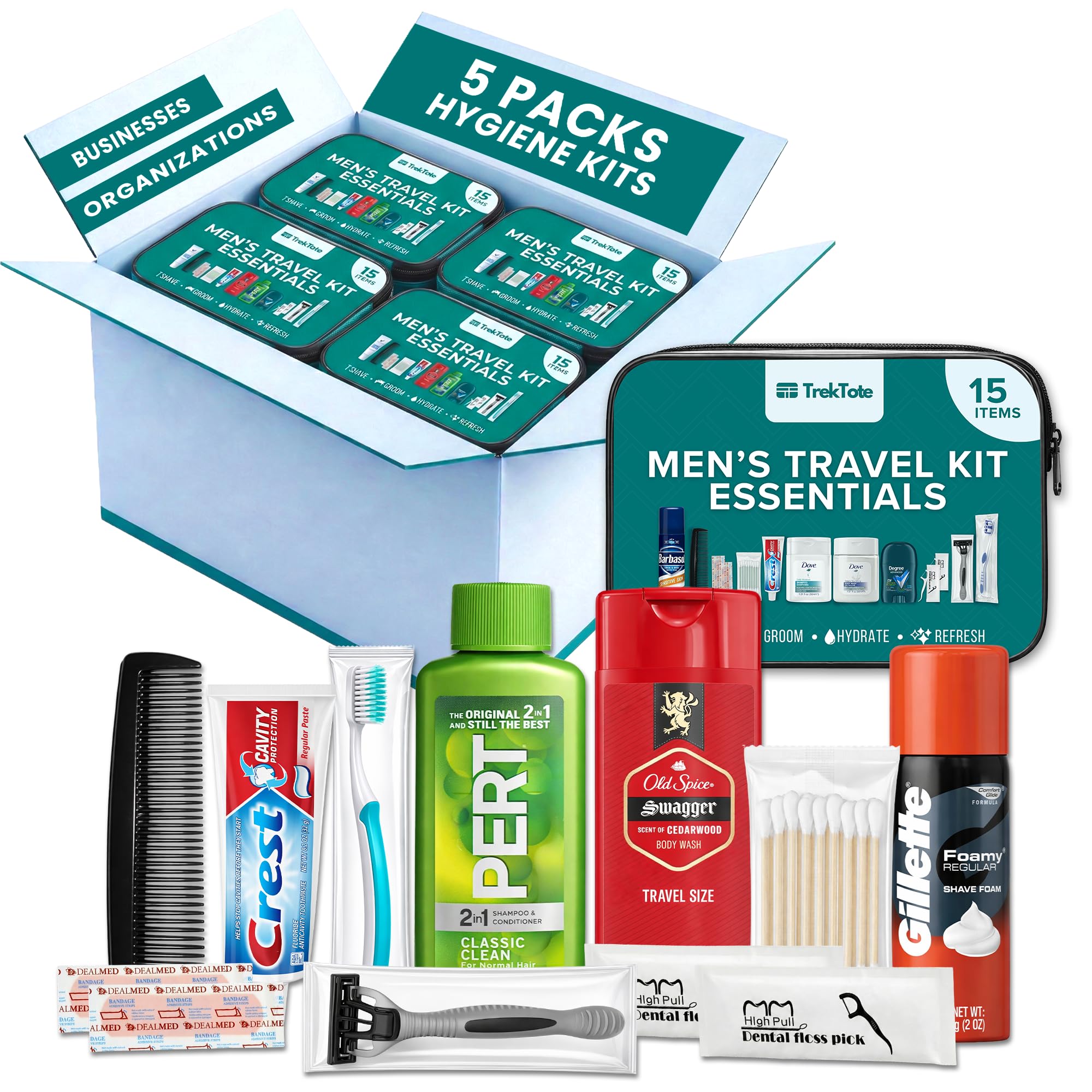 TrekTote Bulk 5 Case Pack of Mens 15 Piece Set Hygiene Kits, Bulk Travel Size Toiletries Kits, Deodorant, Shampoo, Body Wash, Shaving Cream, Razor, Toothbrush, Toothpaste, Comb, Flossers, Swabs