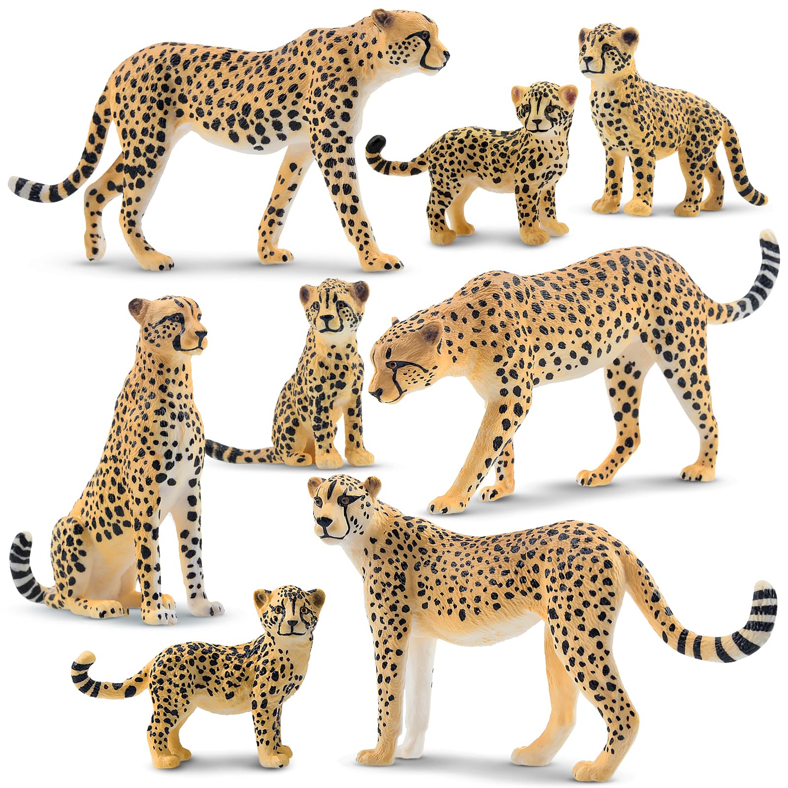 Toymany 8PCS Cheetah Figurines with Cheetah Cubs, Realistic Jungle Zoo Animals Figurines Family Set, Educational Toy Cake Toppers Christmas Birthday Gift for Kids