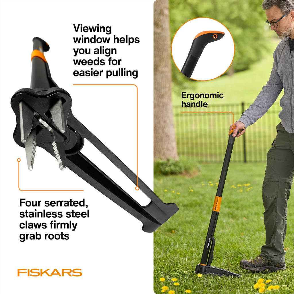 Fiskars Deluxe Stand-Up Weed Puller Tool, 4 Serrated Stainless Steel Claws