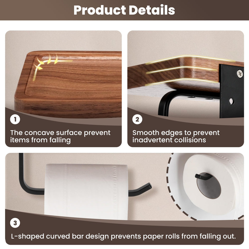 TOKCKYBL Toilet Paper Holder Walnut Wood Shelf - Wall Mount & Self-Adhesive
