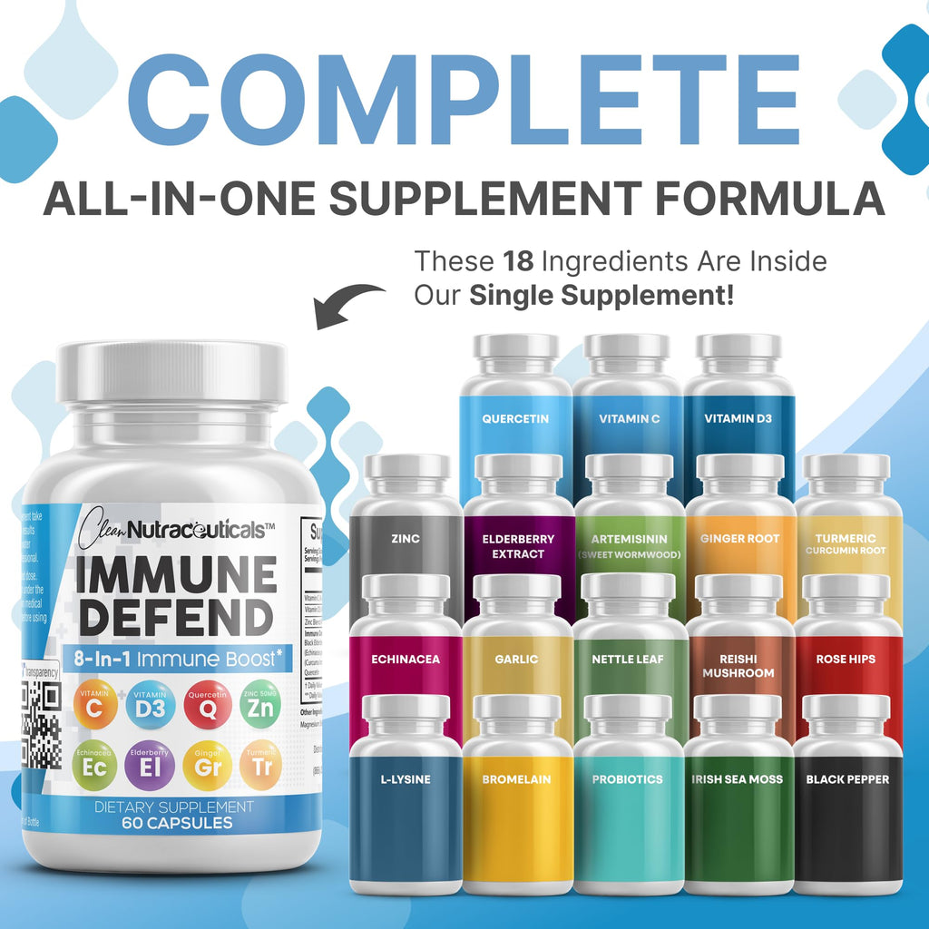 Clean Nutraceuticals Immune Defense Support Supplement 8 in 1 with Zinc 50mg Quercetin, VIT C 1000mg, Vitamin D3 5000 IU, Elderberry, Ginger - Immunity System Booster for Adults, Vegan - 60 Count