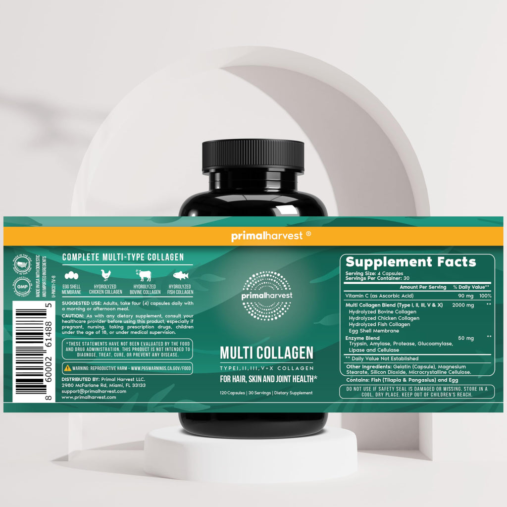 Primal Harvest Multi Collagen Pills for Women and Men (Type I, II, III, V, X) 120 Capsules w/Vitamin C for Hair, Skin, Nails