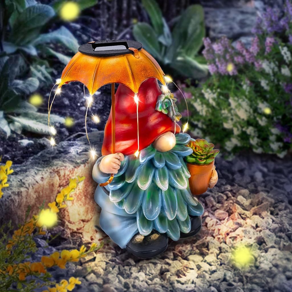 SUCUY Solar Outdoor Statues Gnome Garden Decor, Garden Gnome with Solar LED Umbrella Decorative for Patio, Balcony, Lawn, Yard Ornament - Christmas Gardening Gifts for Mom Grandma
