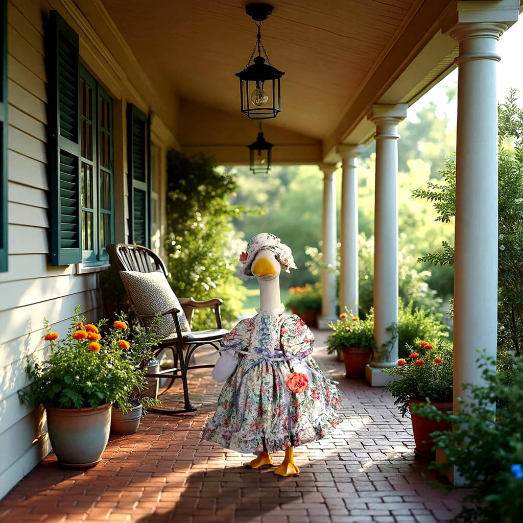 Suzile Porch Goose Outfit Set Spring Flower Lolita Dress Hat Clothes for 23'' Porch Goose Plastic Cement Statue Costume for Spring Easter Primitive Rustic Summer Outdoor Patio Yard Lawn Decor