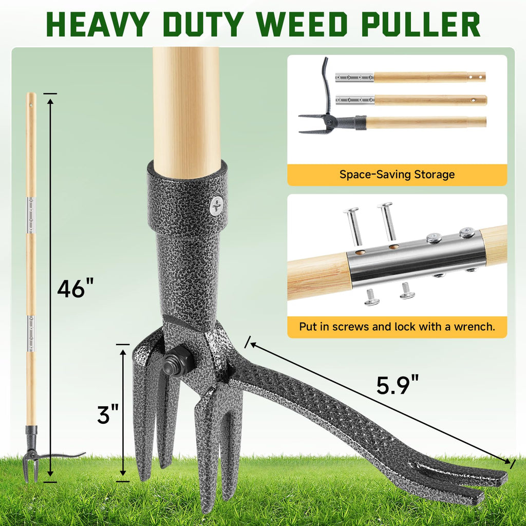 BellaJoyz Weed Puller Tool, Stand Up Heavy Duty Weed Remover Tool with Long Handle & 4-Claw Steel Head, Bamboo Garden Hand Weeding Tool - Easily Remove Weeds Without Bending, Pulling,or Kneeling