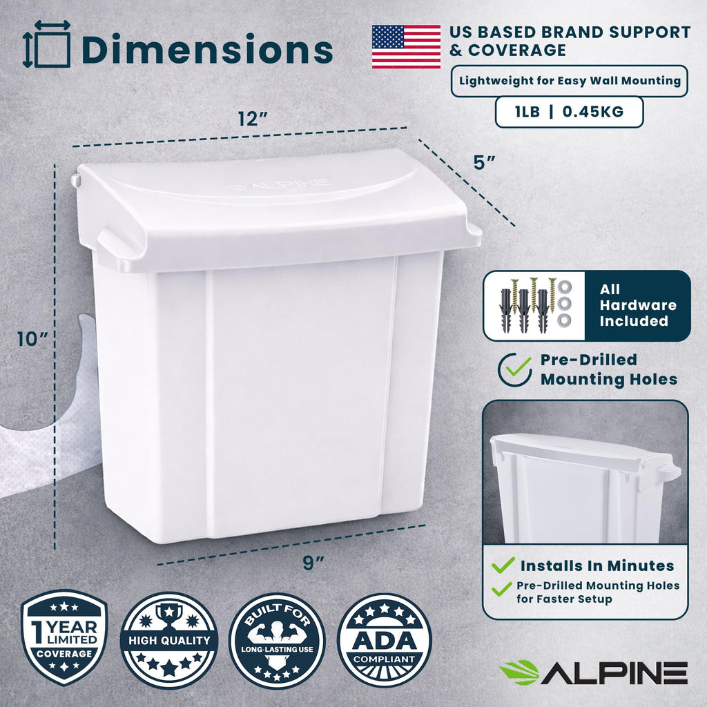 Alpine Sanitary Napkin Receptacle - Feminine Hygiene Disposal Container, Wall Mounted Trash Can with Odor Control Seal & Installation Hardware (White)