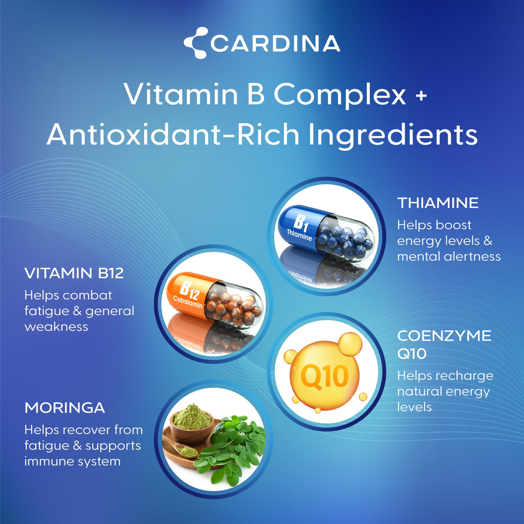 CARDINA B12 Vitamins for Women and Men - Brain Supplements for Memory and Focus with Thiamine B1 Supplement and COQ10 - Brain Memory Support - Non-GMO and Vegan B12 Supplement, 60 Ct