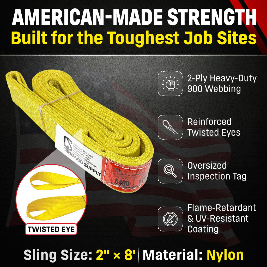 DD Sling (USA Made). 2" wide X (4' to 20' lengths) in Listing! 2 Ply Twisted Eye, Nylon Lifting Slings, Eye & Eye, Heavy Duty (900 webbing), 6,400 lbs Vertical, 5,100 Choker, 12,800 Basket Load Capacity (2inX8ft)