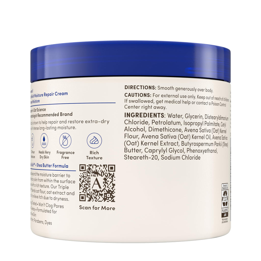 Aveeno Skin Relief Intense Moisture Repair Body Cream with Triple Oat & Shea Butter Formula, Helps Heal, Repair & Restore Very Dry Skin with Long-Lasting Moisture, Fragrance-Free, 11 oz
