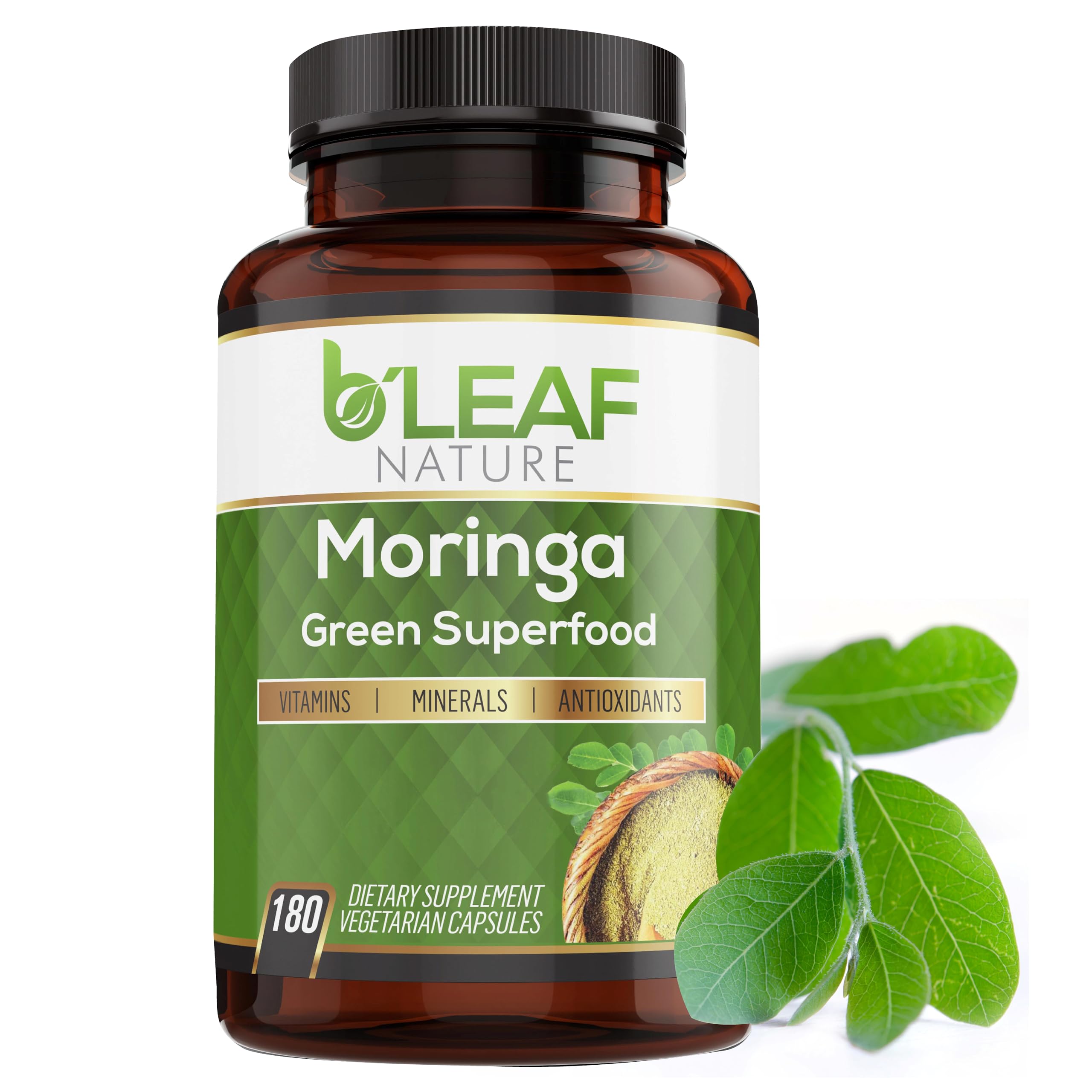 B’Leaf Nature 100% Pure Organic Moringa Oleifera Leaf Powder Capsules I Immune Support I 1000mg per serving I Gluten-Free Non-GMO I Superfood w/ Essential Vitamins & Amino Acids I 180 Veggie Capsules