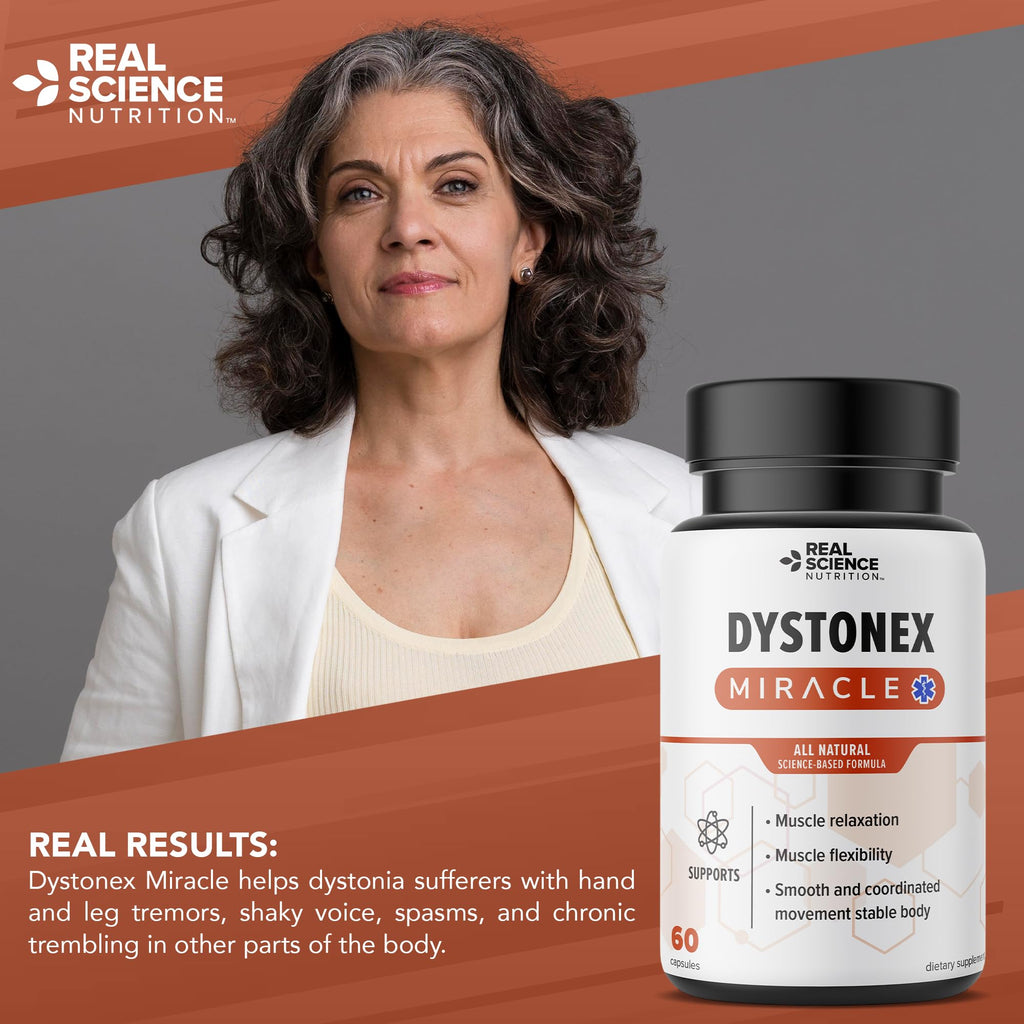 Real Science Dystonex - Dystonia Support Supplement for Tremors, Muscle Contractions & Spasms – Muscle Relaxer Pills with Vinitrox & GABA for Nerve Support & Blood Circulation – Made in USA, 60 Caps