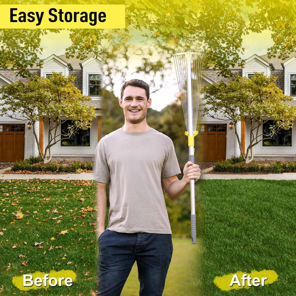 JARDINEER Adjustable Rakes for Leaves, Large Garden Leaf Rake for Lawns Grass with 7-23" Expandable Head, Yard Collapsible Rake for Camping (64 inches)