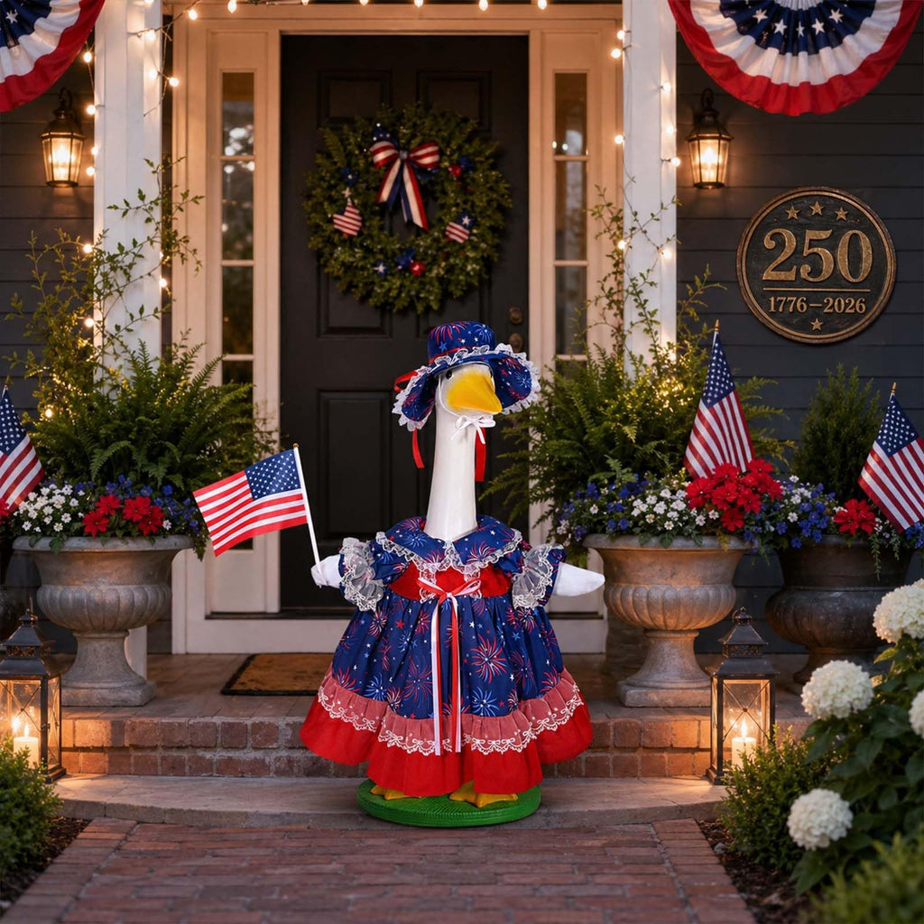 4th of July Porch Goose Outfits Lawn Goose Patriotic Lolita Dress Outfit for 23" Cement Plastic Geese Statue USA 250th Geese Star Firework Clothing Anniversary Outdoor Patio Lawn Garden Decoration