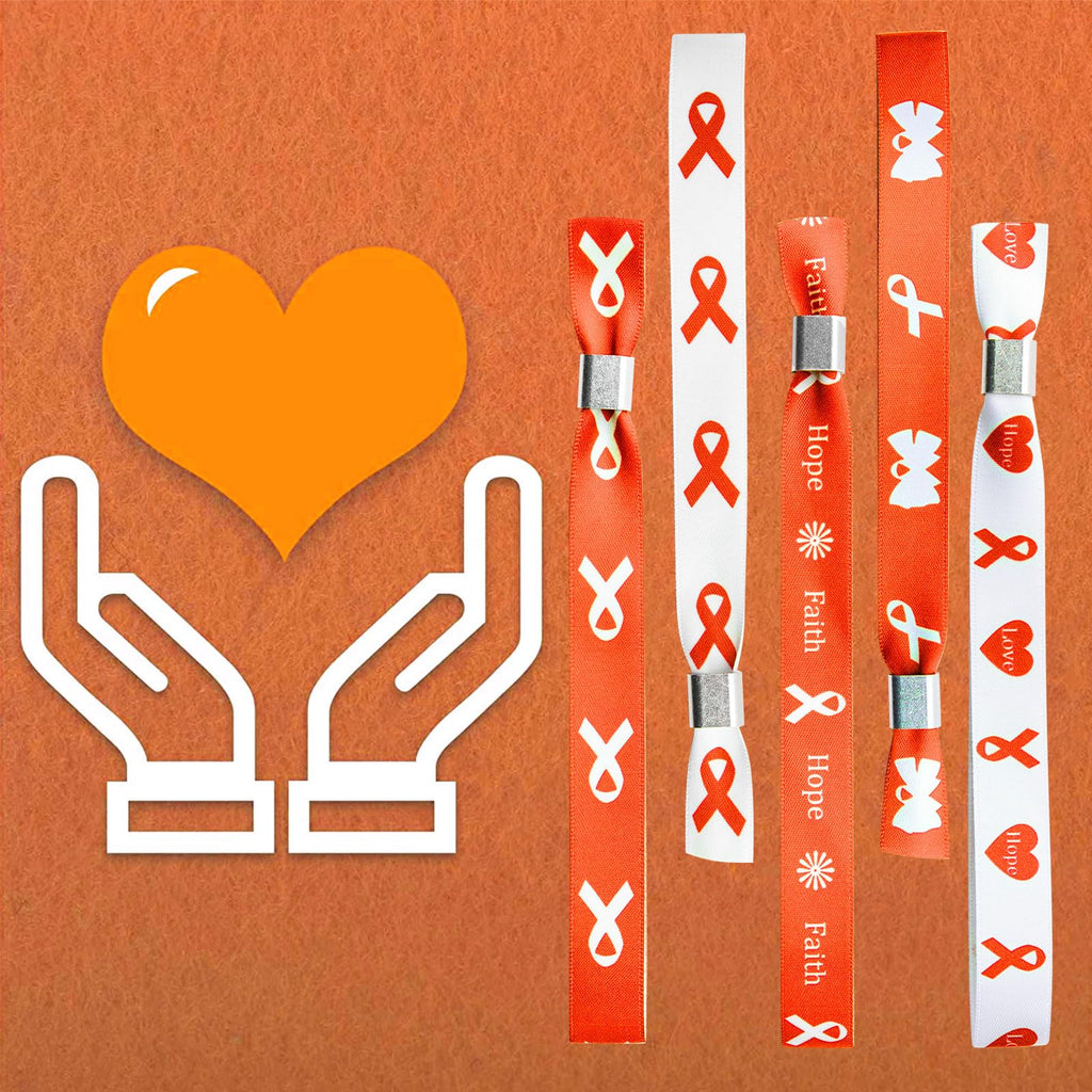 WANDIC Orange Ribbon Bracelets, 30 Pcs 5 Styles Leukemia Awareness Wristbands Adjustable Polyester Wrist Bands Kidney Cancer Wrist Strap for Men Women, 6.89 * 0.59in, Polyester, no Gemstone