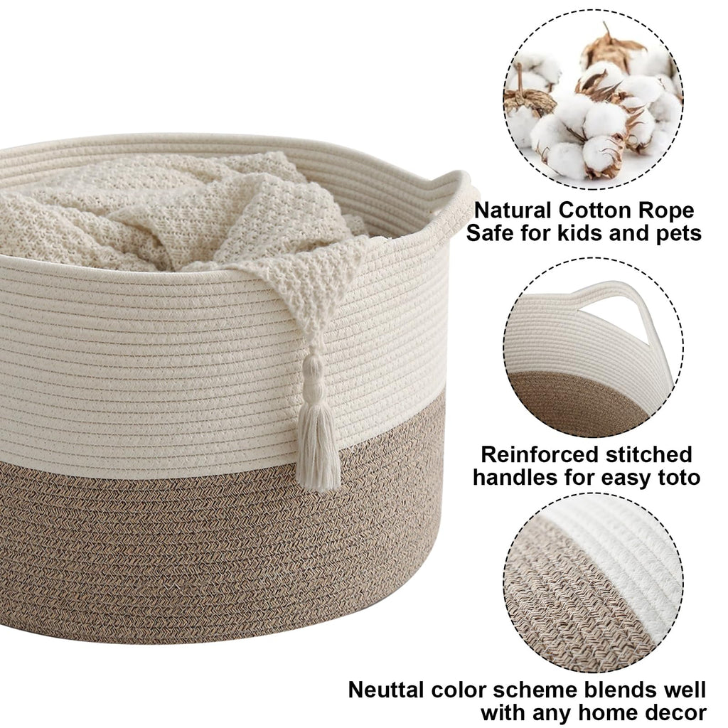 HZFTJOY Large Woven Blanket Basket,65L Cotton Rope Laundry Basket