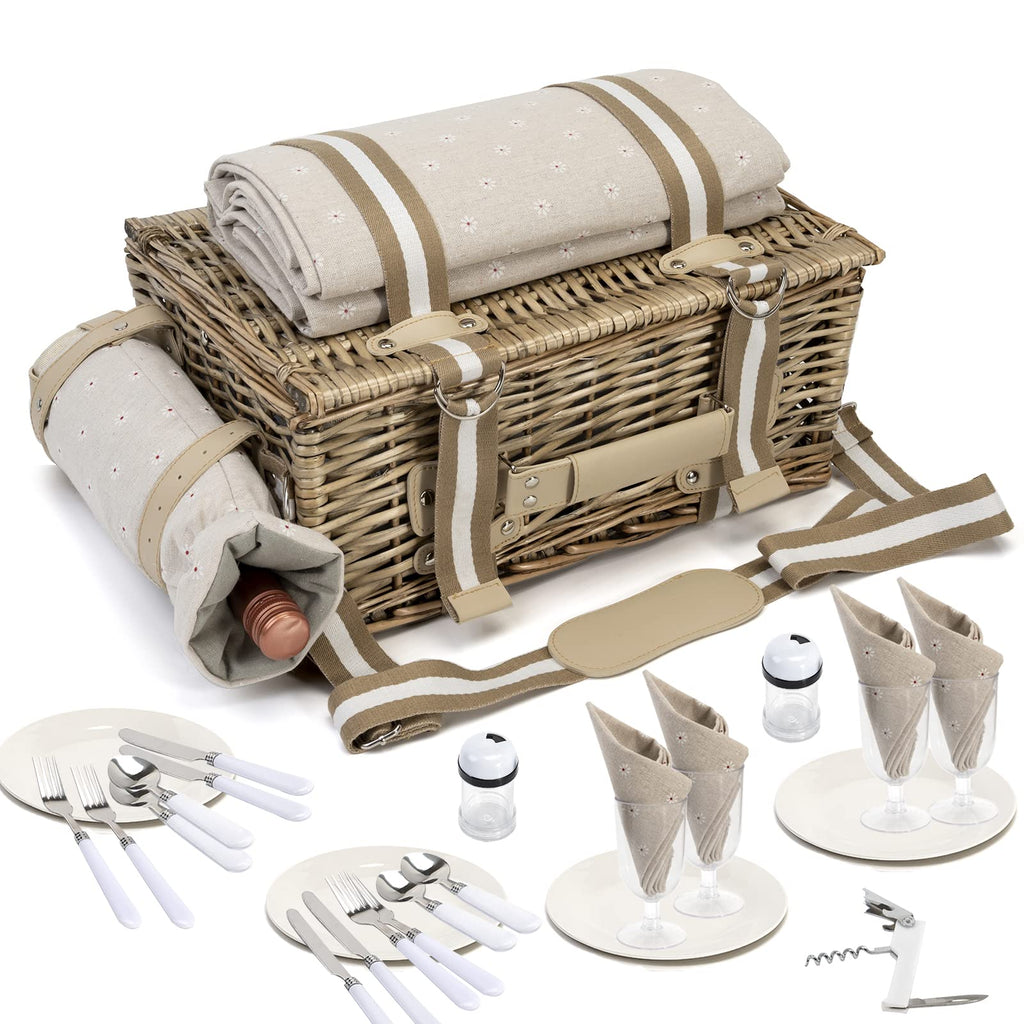 31Pcs Picnic Basket Set for 4 with Insulated Liner and Waterproof Blanket Wine Pouch, Large Wicker Picnic Hamper for Camping,Outdoor,Valentine Birthday Christmas for Couples