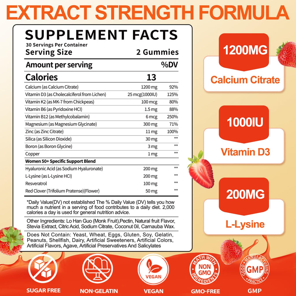 BSSTABBON 50+ Women’s Calcium Citrate Gummies: 1200mg Chewable Calcium Gummy Supplements Plus Magnesium Zinc Vitamin D3 K2 B12 B6 - Energy Immune Overall Health Support Vegan Sugar Free(120Count)