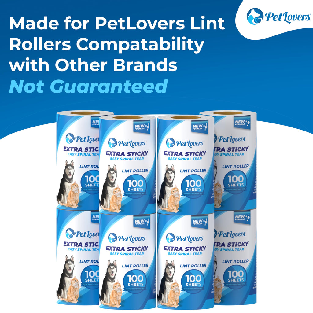 PetLovers Extra Sticky Lint Roller Mega Value Set for Pet Hair Removal, Dog and Cat Lint Remover (8 Pack Refills)