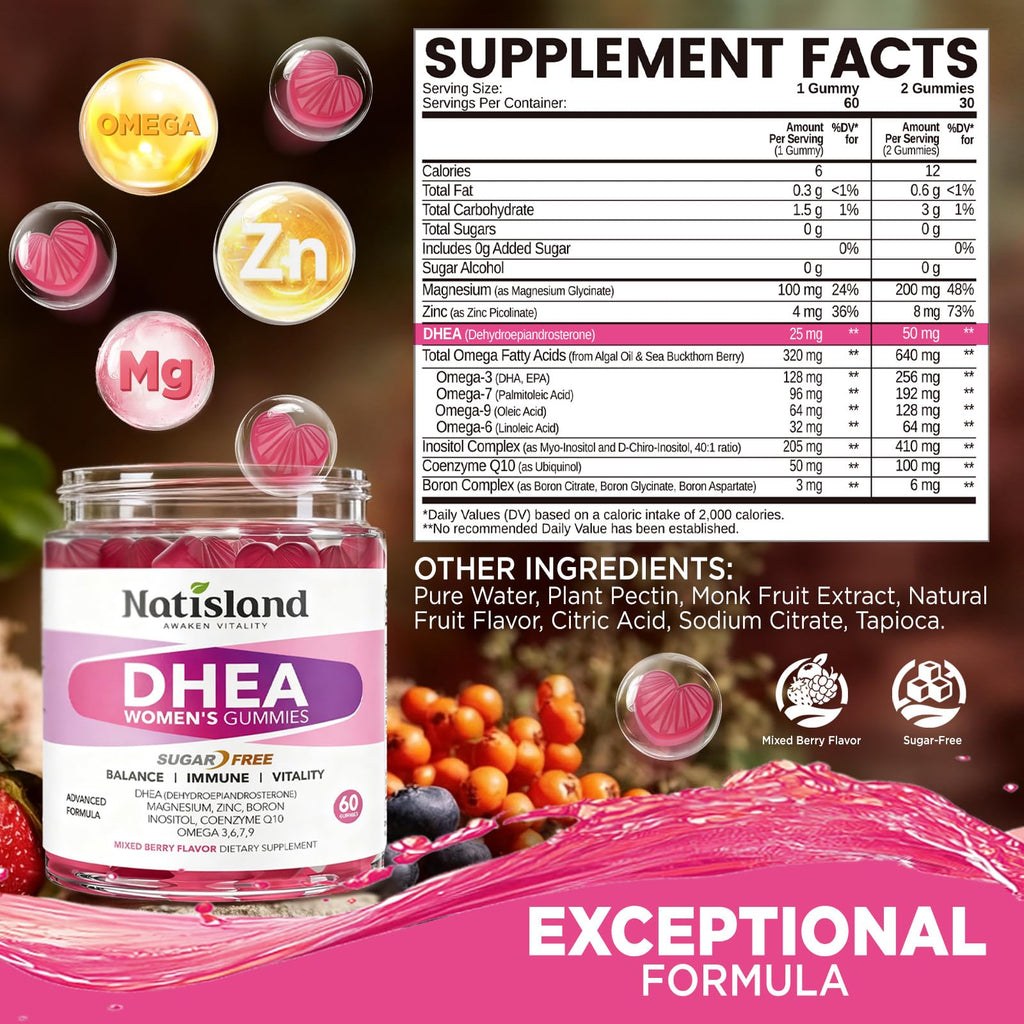 DHEA Supplement for Women, DHEA 50mg with Omega-3, Magnesium & Antioxidant Blend, Supports Hormone Balance, Healthy Aging, Immunity & Energy, DHEA 25 mg per Gummy, Non-GMO, Sugar Free, 60ct