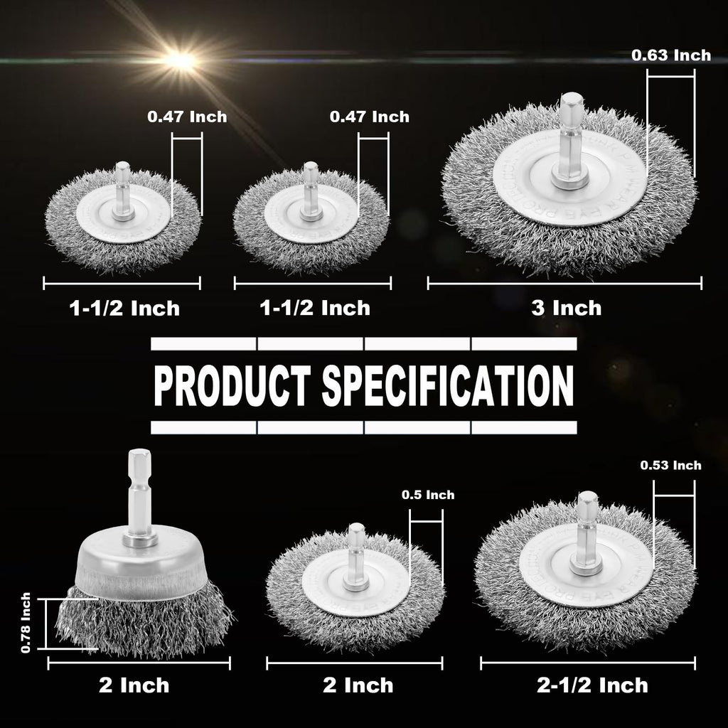 VIDICA Wire Brush Set 6 Pcs, Wire Wheel for Drill with 1/4 Inch Hex Shank, Drill Brush with 0.012 Inch Coarse Crimped Carbon Steel Wires for Removing Rust, Paint and Corrosion